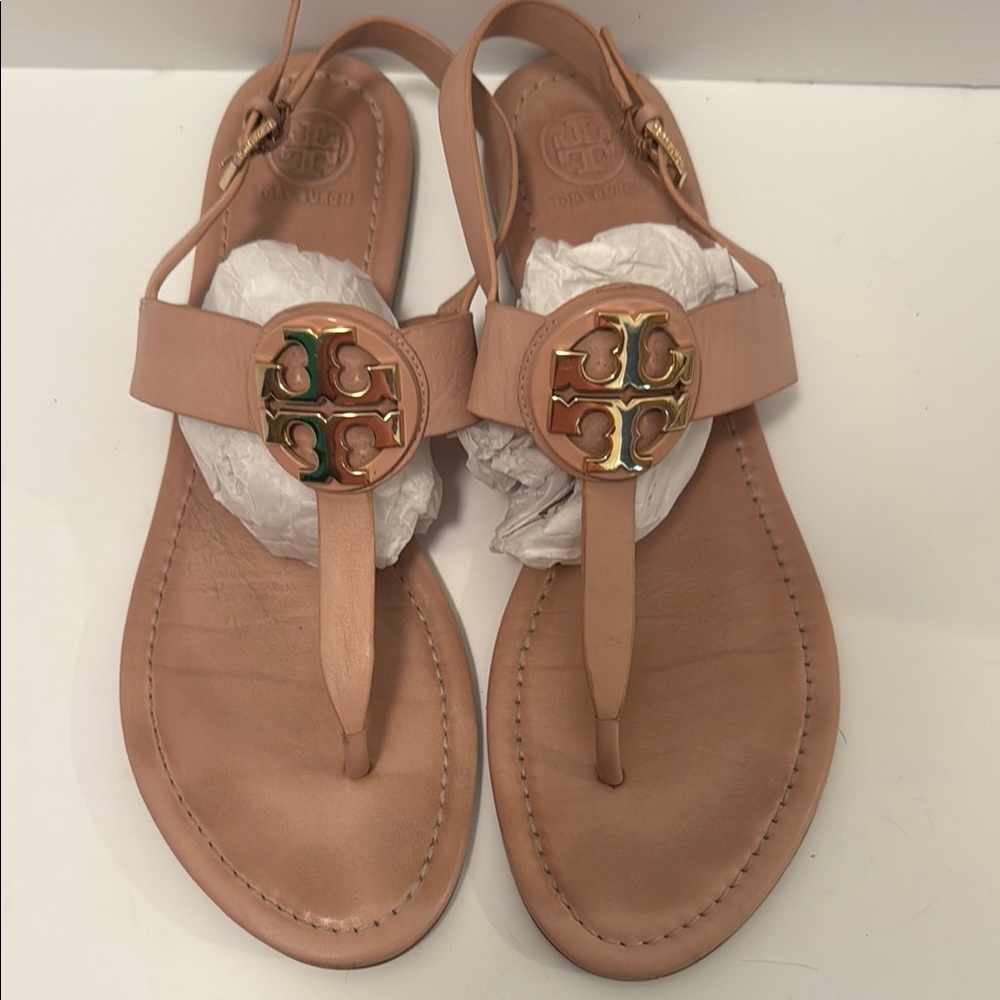 Tory Burch Nude Leather Sandals with Gold Logo